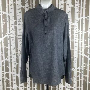 Linen Blend Roll Tab Sleeve Half Button Tunic Top M